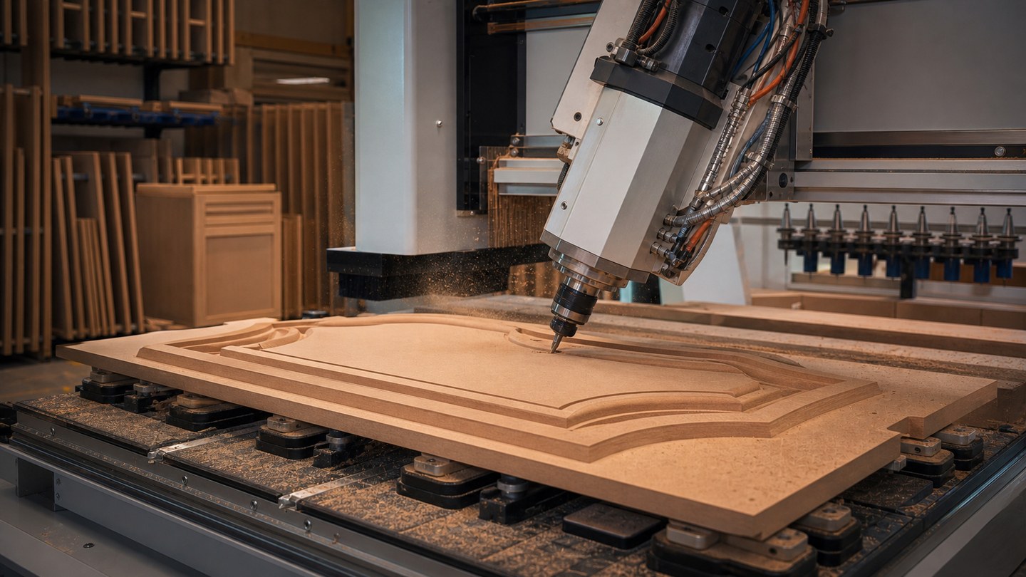 Concept render: a 5-axis CNC machining a curved cabinet facade