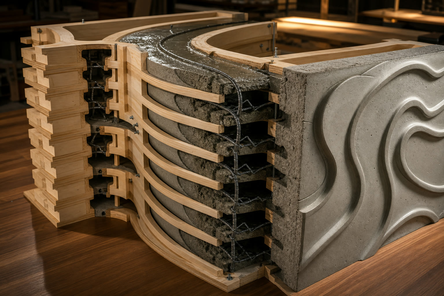 Cutaway concept render of layered concrete formwork with 3D reinforcement and narrow concrete channels