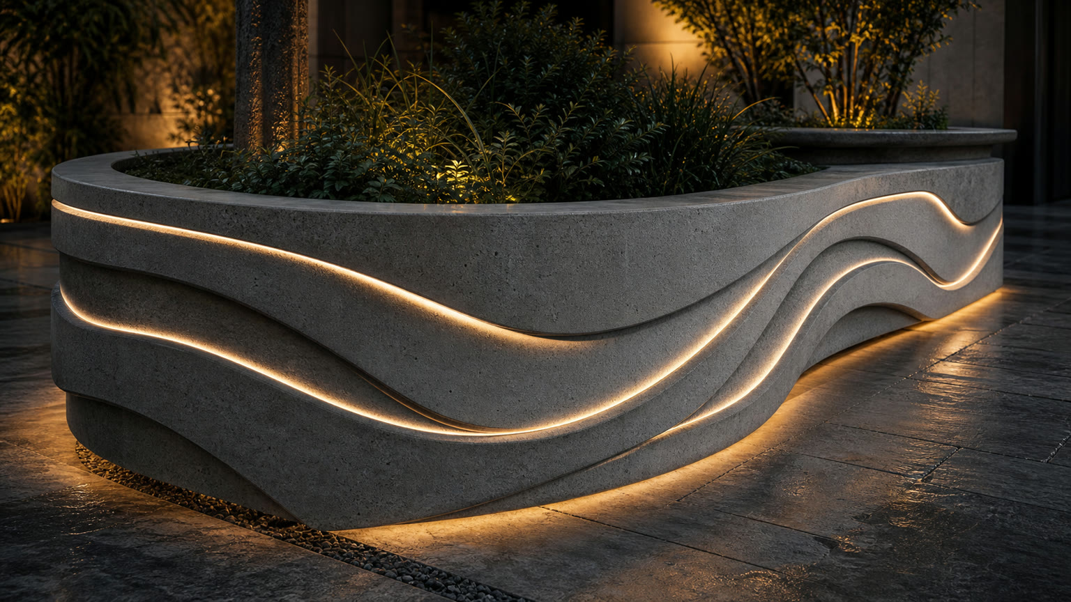 Concept render of sculptural high-strength concrete planter with recessed LED lines