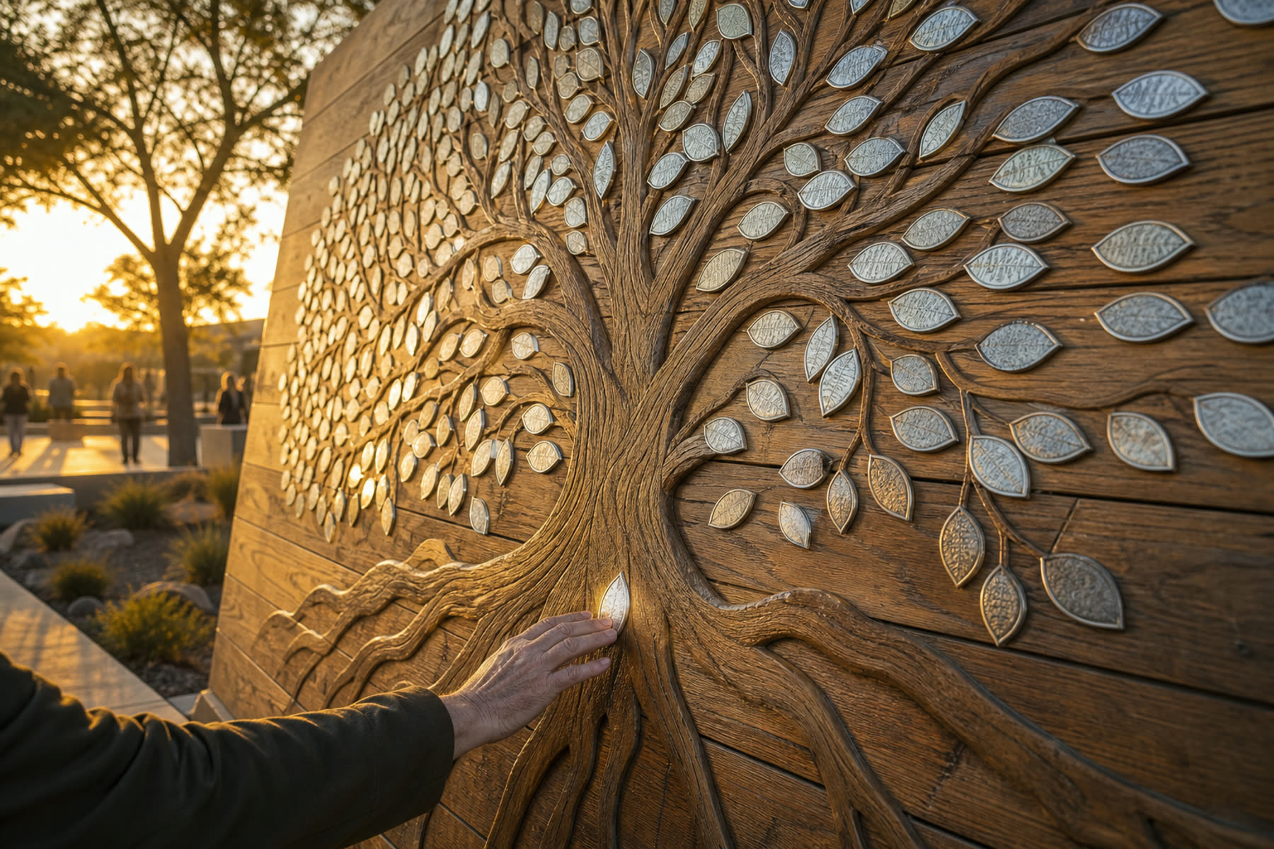 Tree of Life founders wall with polished tin leaves