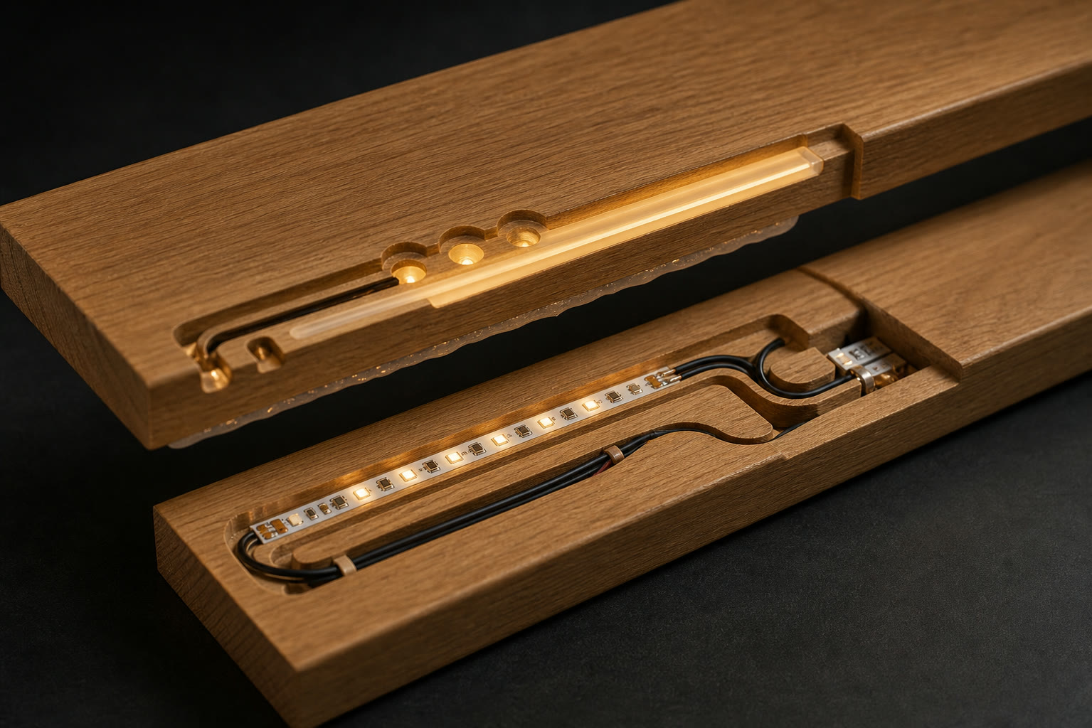 Cutaway concept render of a split wooden board with LED strip, wires and milled channels inside