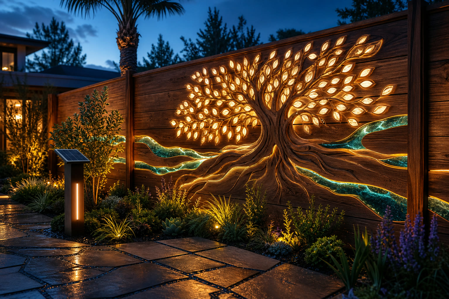 Concept render of illuminated carved fence mural powered by a nearby solar element
