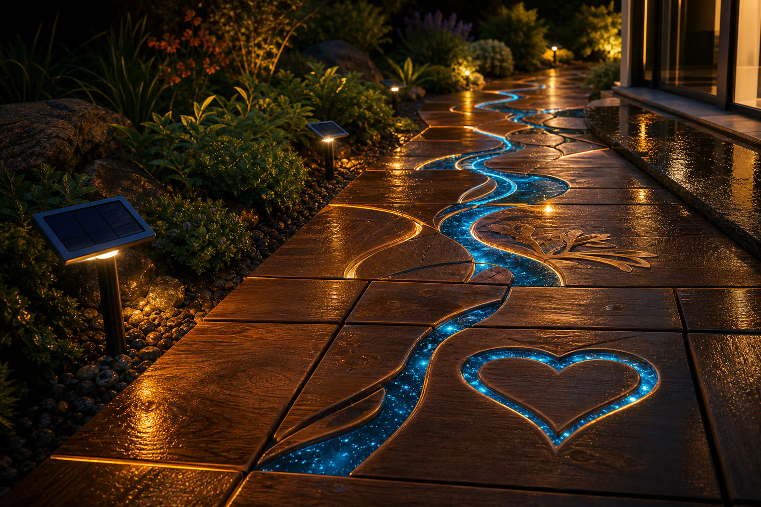 Concept render of glowing modular hardwood garden tiles with solar charging elements