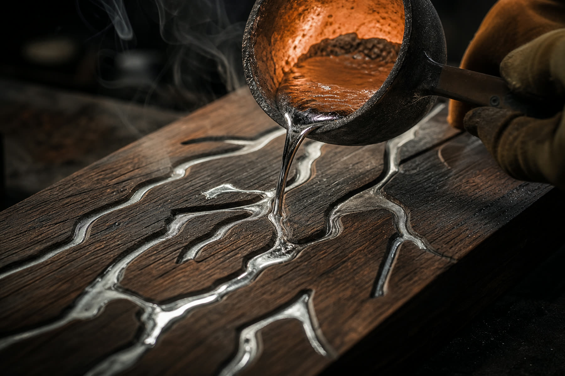 Molten tin being poured into narrow carved channels in dark oak
