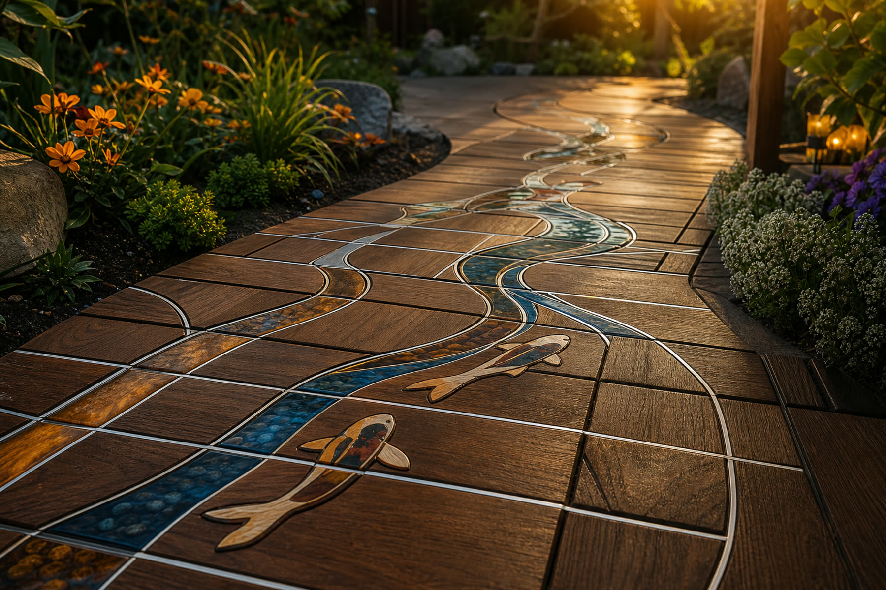 Hardwood walkway tiles with koi-inspired epoxy and tin inlay