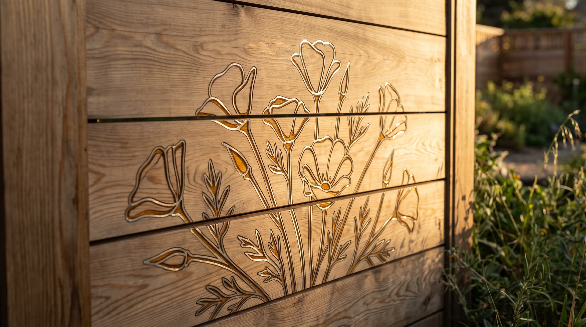 MuralFence — cedar fence with tin and amber epoxy poppy inlay