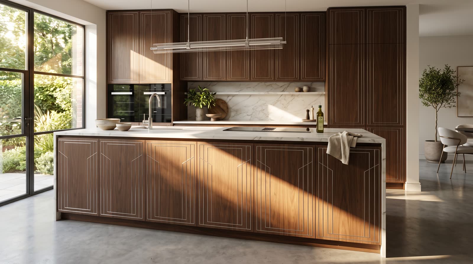 Walnut kitchen fronts with thin tin inlay